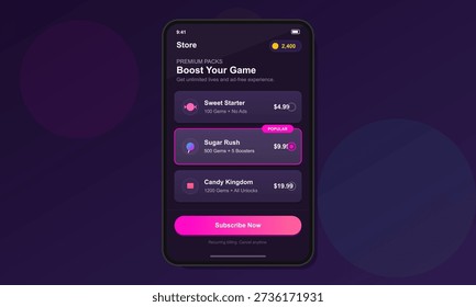 A smartphone screen shows an in-app purchase menu for a mobile game with various currency packs and a subscription button against a dark purple and pink themed user interface.
