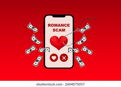 Smartphone screen shows message with a heart and money. represents romance scam awareness concept.