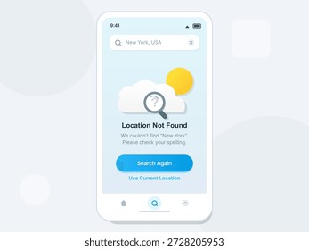La pantalla de un smartphone muestra un mensaje que dice Locación no encontrada durante una búsqueda en la Nueva York, Estados Unidos. Se solicita al usuario que compruebe la ortografía o que utilice la ubicación actual.