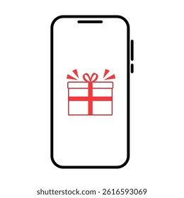 A smartphone screen shows a red gift box graphic, signaling a surprise or celebration. The design features festive elements, enhancing the moment.