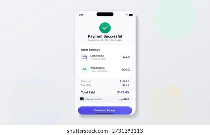 Uma tela de smartphone mostra uma notificação de pagamento bem-sucedida para um kit móvel e serviços de hospedagem na Web com detalhes sobre o custo e o método de pagamento.