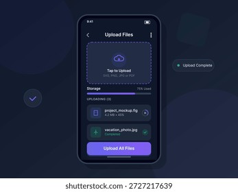 Uma tela de smartphone mostra uma interface de upload. O usuário pode carregar arquivos como imagens ou PDFs. A barra de progresso indica os carregamentos em andamento e concluídos, apresentando os recursos de gerenciamento de arquivos.