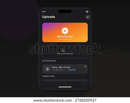 A smartphone screen shows an upload progress bar for a video file. The background is dark with colorful elements highlighting the upload feature.