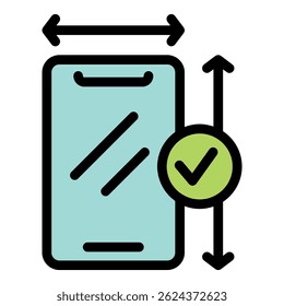 Símbolo de la Aprobación del tamaño de la pantalla del smartphone con el ícono de la marca de verificación para los App y los Sitios web en estilo del esquema