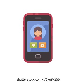 Smartphone screen with a social app interface and a girl avatar flat icon. Dating app flat illustration