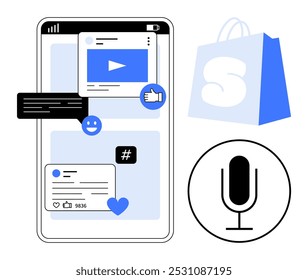 Video La pantalla del teléfono inteligente con interfaz de redes sociales incluye pulgares hacia arriba y comentarios. Cara feliz. Juegue bolso de compras con hashtag de Botón de micrófono. Ideal para el comercio electrónico de marketing en redes sociales