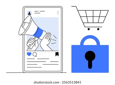 Smartphone screen with social media post of a hand holding a megaphone. Nearby are a shopping cart symbol and a padlock. Ideal for digital marketing, online shopping, e-commerce, social media