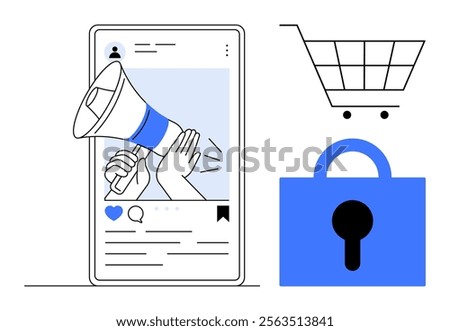 Smartphone screen with social media post of a hand holding a megaphone. Nearby are a shopping cart symbol and a padlock. Ideal for digital marketing, online shopping, e-commerce, social media