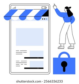 Smartphone screen with a store awning and security lock icon. Female figure pointing to screen. Ideal for e-commerce, mobile shopping, online safety, user interface design, and digital security