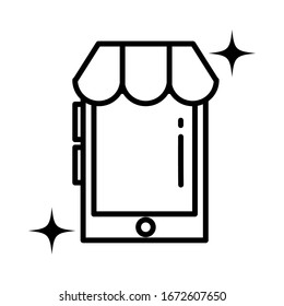pantalla de smartphone con tienda a rayas , diseño de ilustración vectorial de estilo de línea