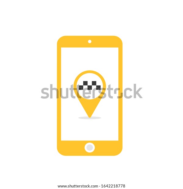 Smartphone screen with taxi yellow pin. Vector\
taxi mobile app icon. Call a taxi online, mobile application. UI,\
UX, KIT Application. order taxi service. Vector illustration\
isolated on white.
