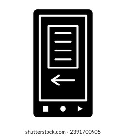 smartphone screen with text and arrow solid icon, electronics concept, mobile app vector sign on white background, glyph style icon for mobile concept and web design. Vector graphics