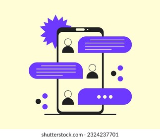 A smartphone with a screen that shows correspondence in the messenger. Chat bubbles are shown on the screen. The illustration can be used to show ways of communication, social networks.