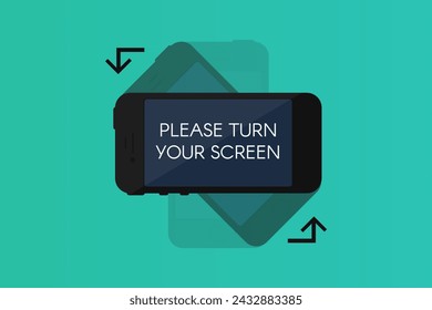 Smartphone screen turning. Simple visual instruction for using your black mobile phone for image rotation to horizontal position. Flat vector isolated on plain green background