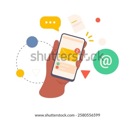 Smartphone screen with unread message notification, flat cartoon vector illustration. Isolated hand holding mobile phone showing application for chatting and dialog, messengers communication