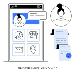 Smartphone screen with user profile, communication icons and a checklist showing payment confirmation. Ideal for online services, e-commerce, communication, navigation, user interface design