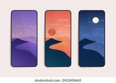 Smartphone screen with wallpaper. Abstract mobile phone display with day and night desert landscape, modern UI concept. Vector set.