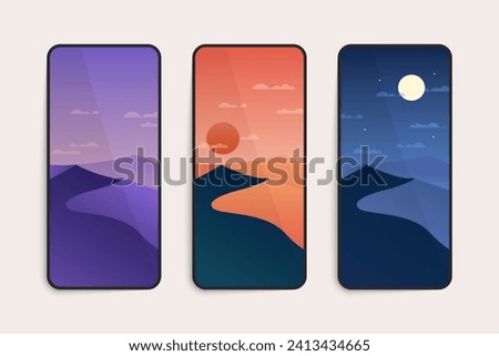 Smartphone screen with wallpaper. Abstract mobile phone display with day and night desert landscape, modern UI concept. Vector set.