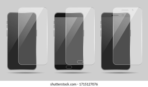 Smartphone screenprotectors. Smart phone screen protector glass set, cellphone clear display guard vector illustration