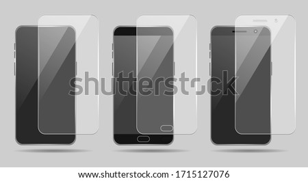 Smartphone screenprotectors. Smart phone screen protector glass set, cellphone clear display guard vector illustration