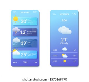 Smartphone screens with banners and weather forecast icons. Design for mobile applications and web sites. Vector illustration in flat style.