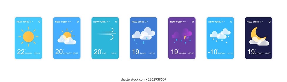 Smartphone screens with banners and weather glass morphism icons. Design for mobile applications and web sites. Ui ux toolkit vector illustration.
