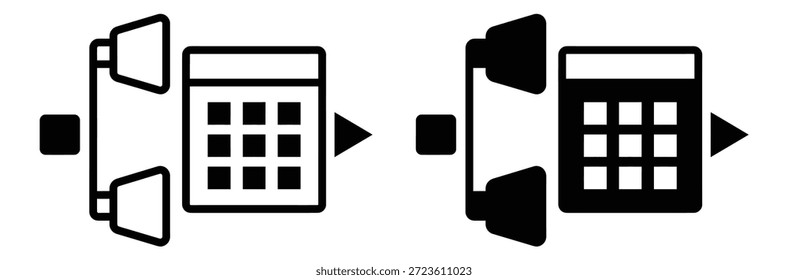 Smartphone screens syncing data with spotlights on apps,Basic phone shapes. Smartphone icons for devices,Vector silhouette icon set about telephones