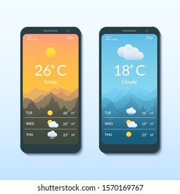 Smartphone screens with the weather forecast mobile app. Mountain landscape on the background. Vector illustration in flat style.