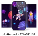 Smartphone with screensaver wallpaper with astronaut in outer space, alien planets and rocket. Vector mobile phone with cartoon background with spaceship, cosmonaut, cosmos with stars and telescope
