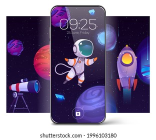 Smartphone with screensaver wallpaper with astronaut in outer space, alien planets and rocket. Vector mobile phone with cartoon background with spaceship, cosmonaut, cosmos with stars and telescope