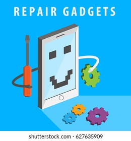 A smartphone with a screwdriver and a gear in hand repairs itself. The concept of repair gadgets. Vector illustration of a flat design
