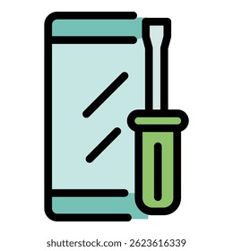 Smartphone-Schraubendrehersymbol. Umriss Smartphone-Schraubenzieher, Vektorsymbol, Farbe, flach, einzeln