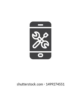 Smartphone with screwdriver and wrench vector icon. filled flat sign for mobile concept and web design. Adjusting, service repair glyph icon. Symbol, logo illustration. Vector graphics