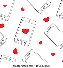 Smartphone seamless pattern background. Business concept vector illustration. Phone symbol pattern. red heart, love, romantic