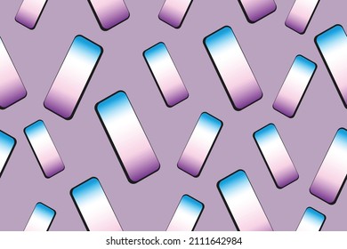 Smartphone Seamless Pattern on White Background. Technology concept wallpaper. Modern Devices texture in blue and purple gradient screen colors. Electronic devices pattern.