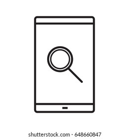Smartphone search app linear icon. Thin line illustration. Smart phone with magnifying glass contour symbol. Vector isolated outline drawing