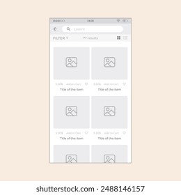 Smartphone search app screen with product titles and cover images. Vector mobile wireframe editable design for mobile, with sample data and real user interface graphic details ready for ux ui projects