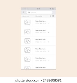 Smartphone search app screen with product titles and cover images. Vector mobile wireframe editable design for mobile, with sample data and real user interface graphic details ready for ux ui projects