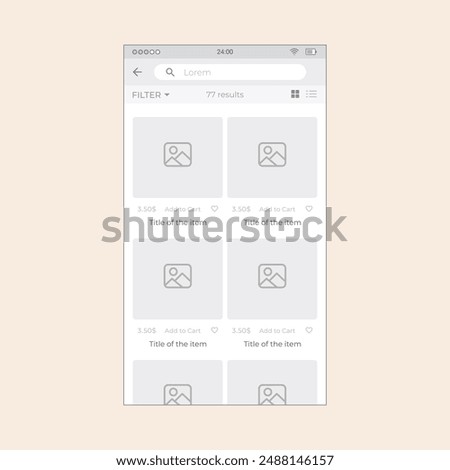 Smartphone search app screen with product titles and cover images. Vector mobile wireframe editable design for mobile, with sample data and real user interface graphic details ready for ux ui projects