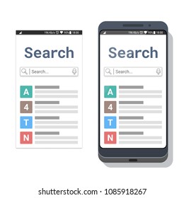 Smartphone with search application or mobile web browser with search field and voice typing icon. Vector illustration