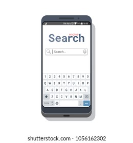 Smartphone with search application template or mobile web browser with a virtual keyboard. Web page design with search field and voice typing icon. Vector illustration