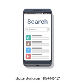 Smartphone with search application template or mobile web browser with search field and voice typing icon. Web page design for a search engine. Vector illustration