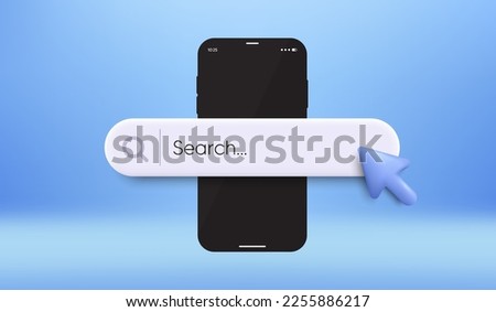 Smartphone search bar background. Mobile phone with search window and mouse cursor. Web interface, mobile application and phone search engine. Find information bar. Vector illustration