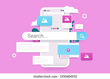 Smartphone with search engine on screen - Search bar, images, video and information popping out in colourful modern 3d vector illustration.