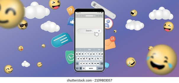 Smartphone with search engine on screen - Search bar, images, video and information vector illustration.