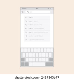 Smartphone search form app screen with keyboard. Vector mobile wireframe editable design for mobile, with sample data and real user interface graphic details ready for ux ui projects