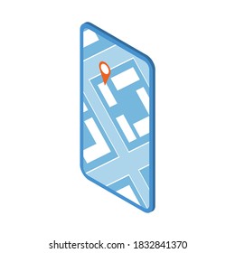 Smartphone with search roadmap. The device displays city streets and location indicator. Vector isolated illustration in isometric style.