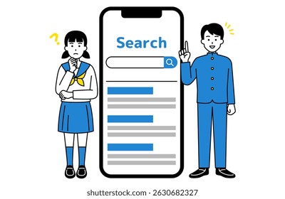 Smartphone with search screen and male and female students