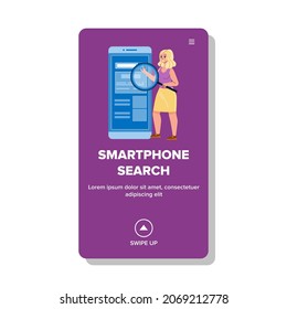 El Sistema De Búsqueda De Smartphone Usa Vector De Mujeres Jóvenes. Niña Con Un Documento Digital O Archivo De Medios De Búsqueda De Smartphone Magnificador. Información De Búsqueda De Caracteres En La Ilustración De Dibujo Plano Web De Dispositivos