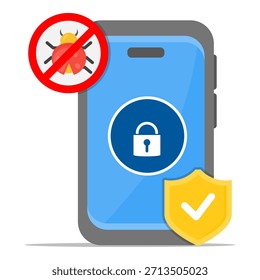 Smartphone seguro de errores y virus con bloqueo y escudo. Adecuado para conceptos de ciberseguridad, blogs de tecnología, promociones de software antivirus, servicios de seguridad móvil.